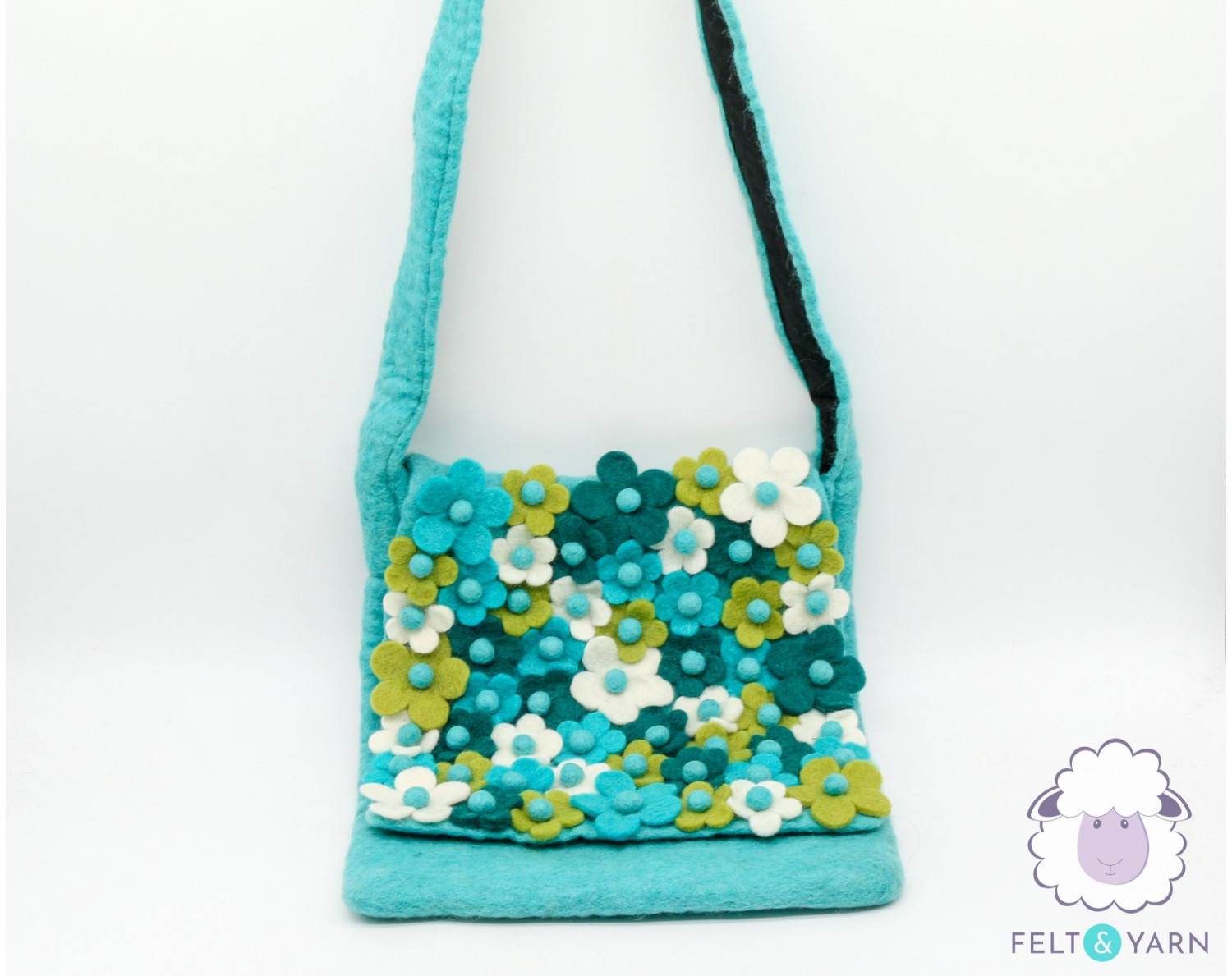34 x 30cm Wool Felt Bag | Felt Green Bag | Floral Shoulder Felt Bags
