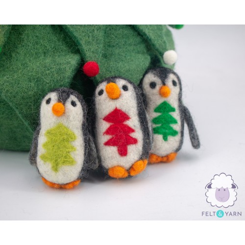 10cm Wool Felt Penguin Ornament with Tree Design - Felt and Yarn