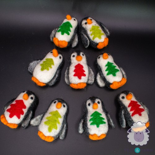 10cm Wool Felt Penguin Ornament with Tree Design