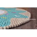 Off-White and Blue Flower Felt Ball Rug - Felt & Yarn
