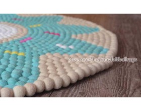 Off-White and Blue Flower Felt Ball Rug - Felt & Yarn