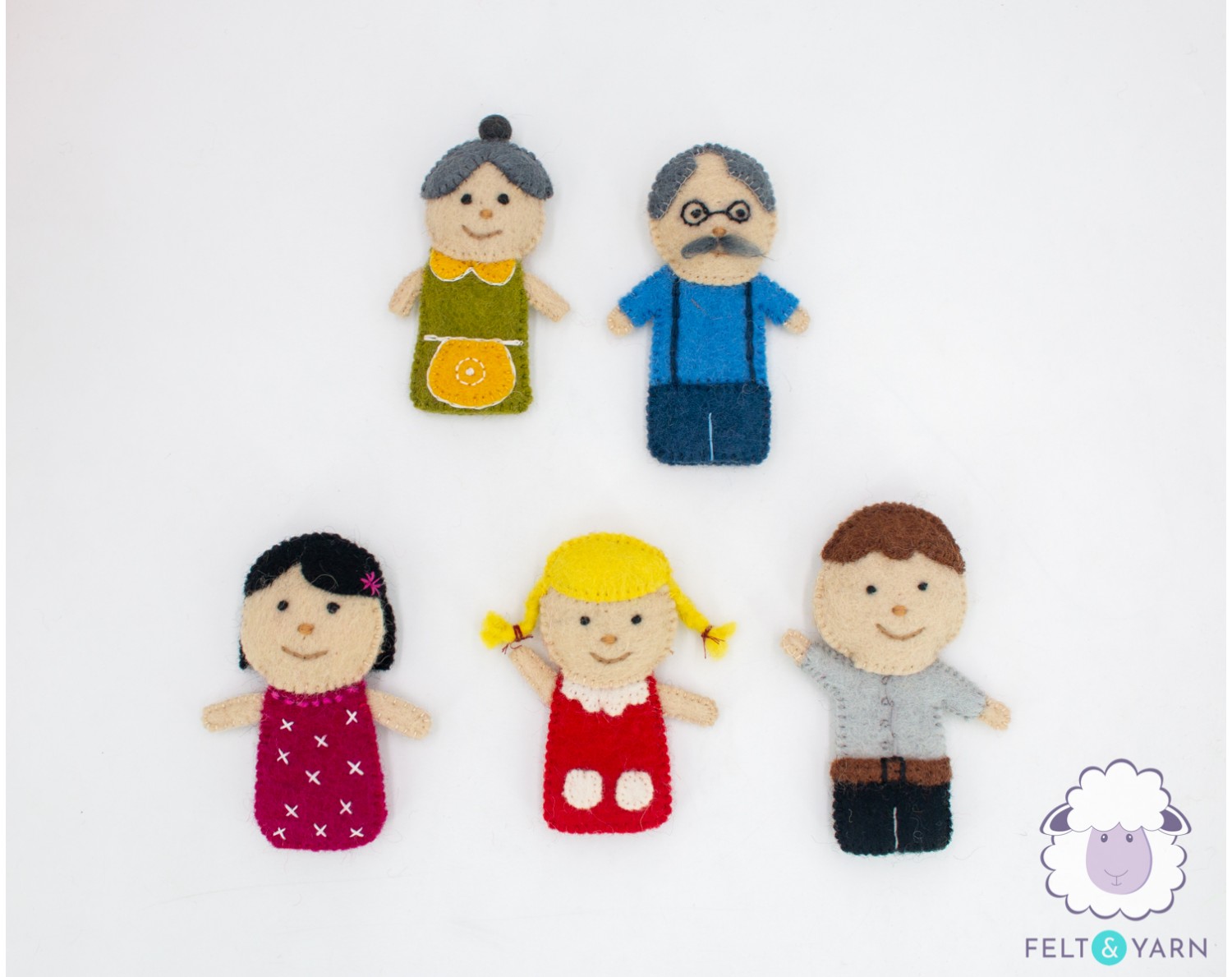 5 Members Stitched Felted Family Set Puppet