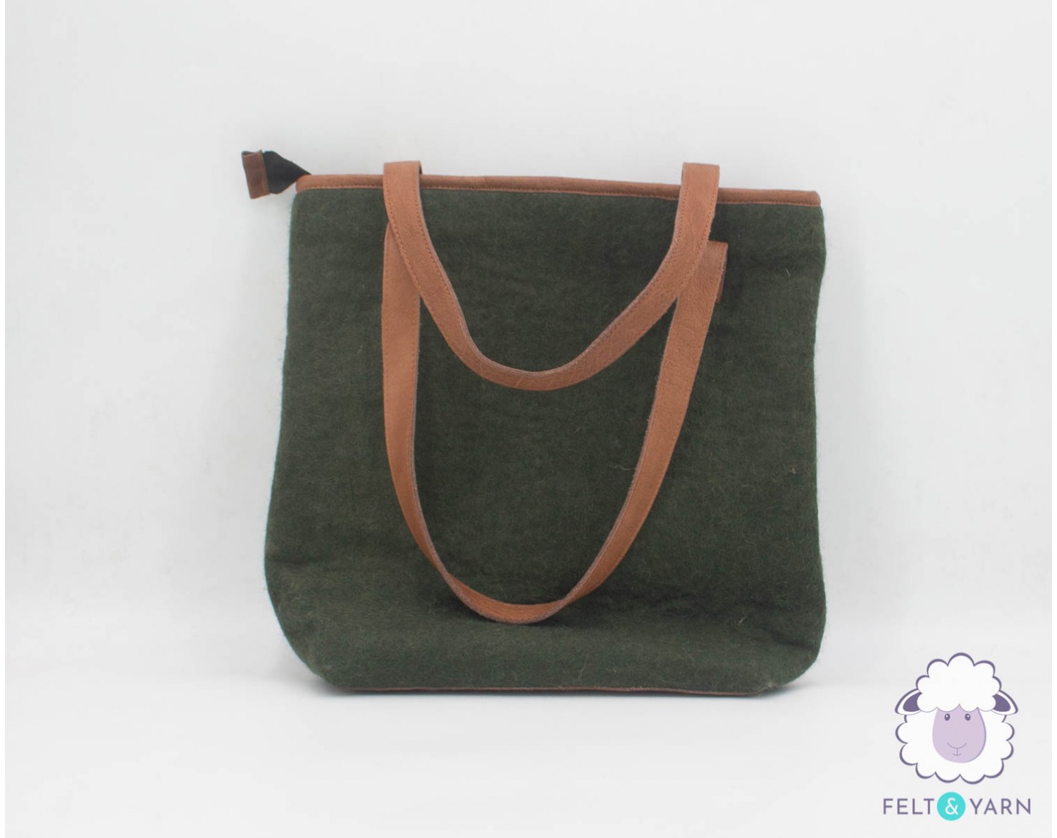 Seaweed Green Felt Tote Bag with Leather and Zipper