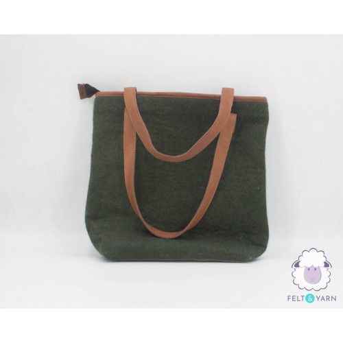 Green Felt Tote Bag with Leather Strap - Felt and Yarn