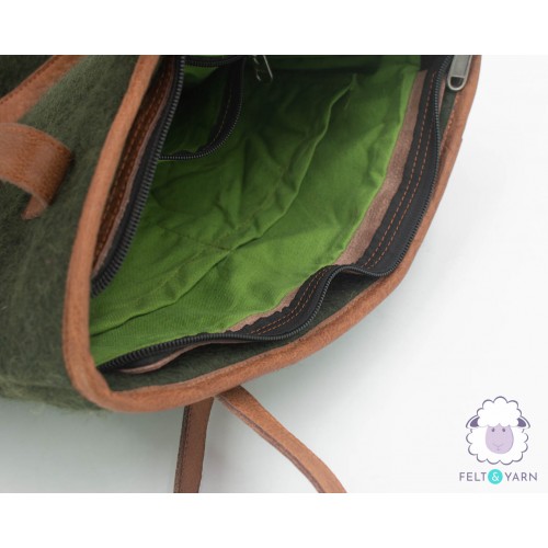 Green Felt Tote Bag with Leather Strap