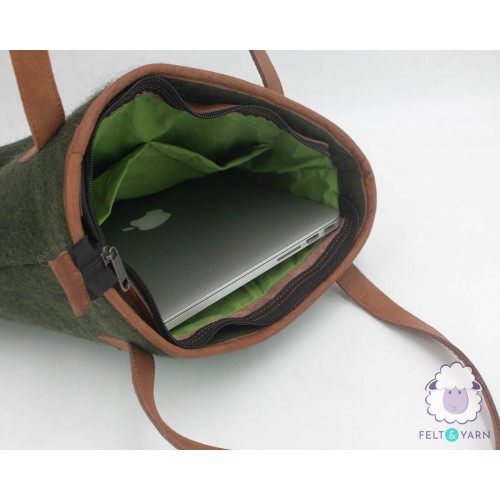 Green Felt Tote Bag with Leather Strap