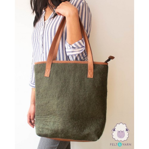 Green Felt Tote Bag with Leather Strap