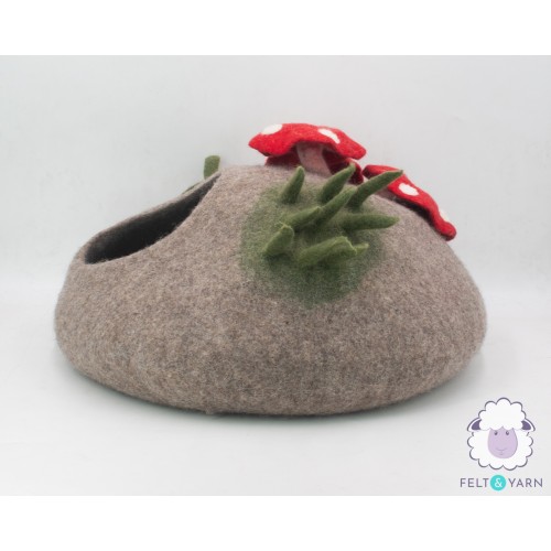 Wool Felt Cat Cave With Mini Mushroom
