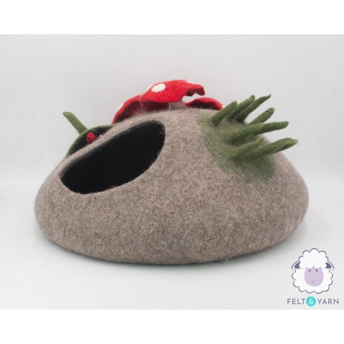 Wool Felt Cat Cave With Mini Mushroom