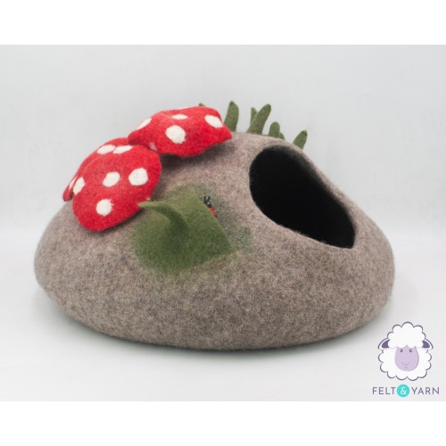 Wool Felt Cat Cave With Mini Mushroom