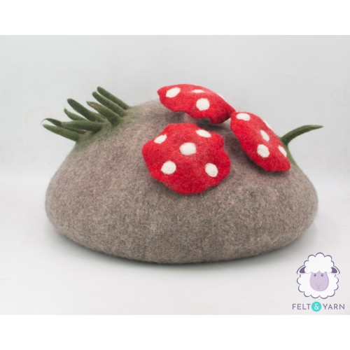 Wool Felt Cat Cave With Mini Mushroom