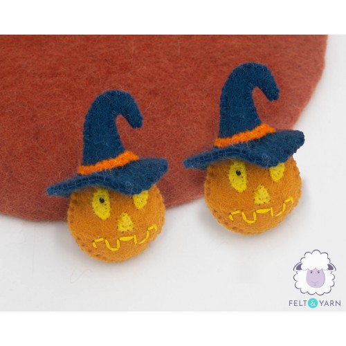 9x7cm Wool Felt Pumpkin with Witch Hat
