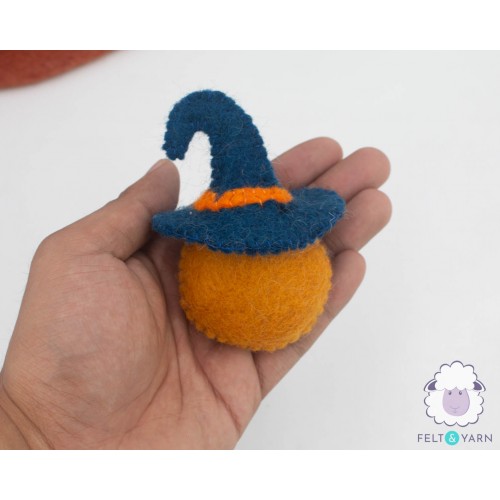 9x7cm Wool Felt Pumpkin with Witch Hat