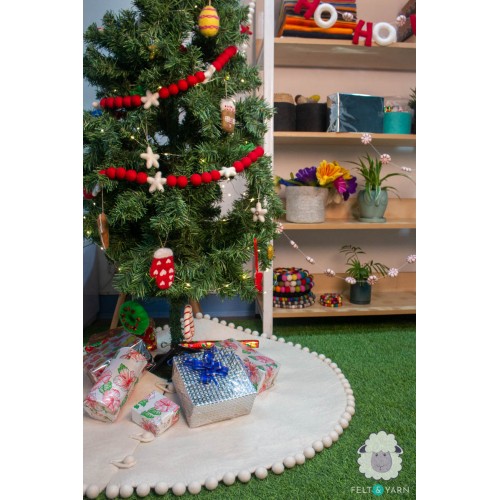 White And Red Felt Tree Skirt With Pom Poms
