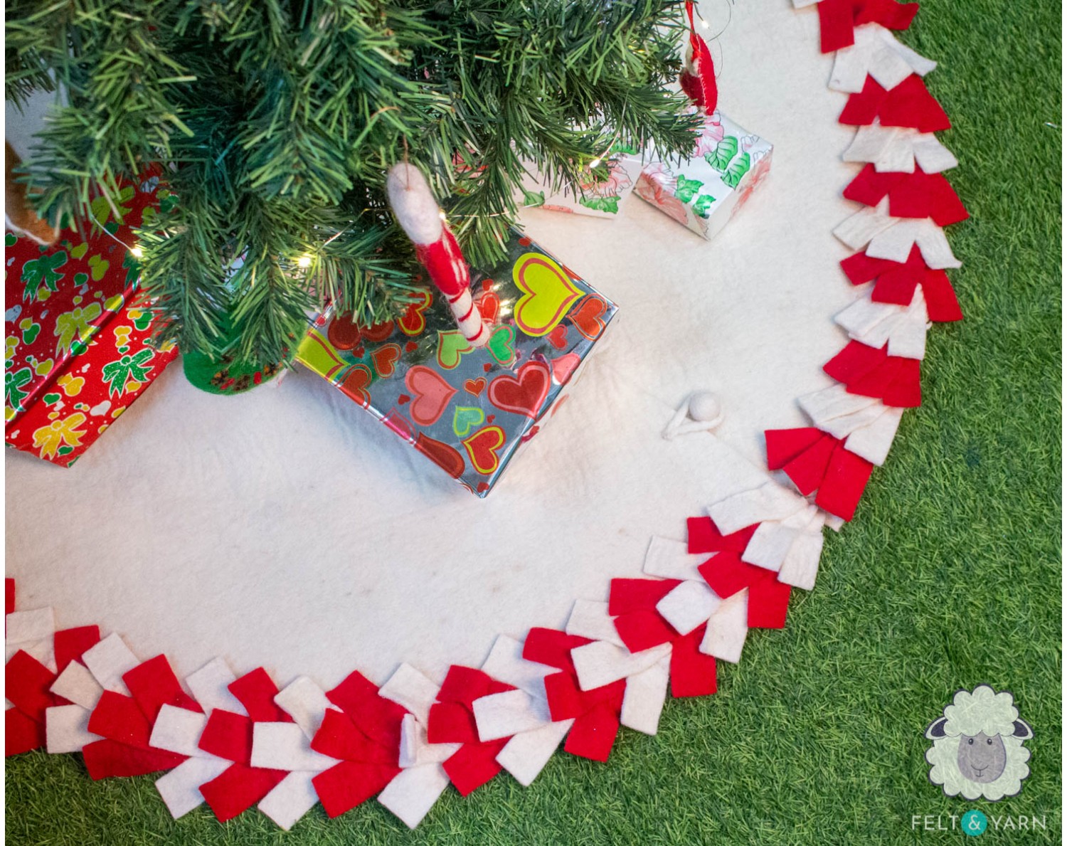 Handcrafted Tree Skirt and White fringes Felt & Yarn