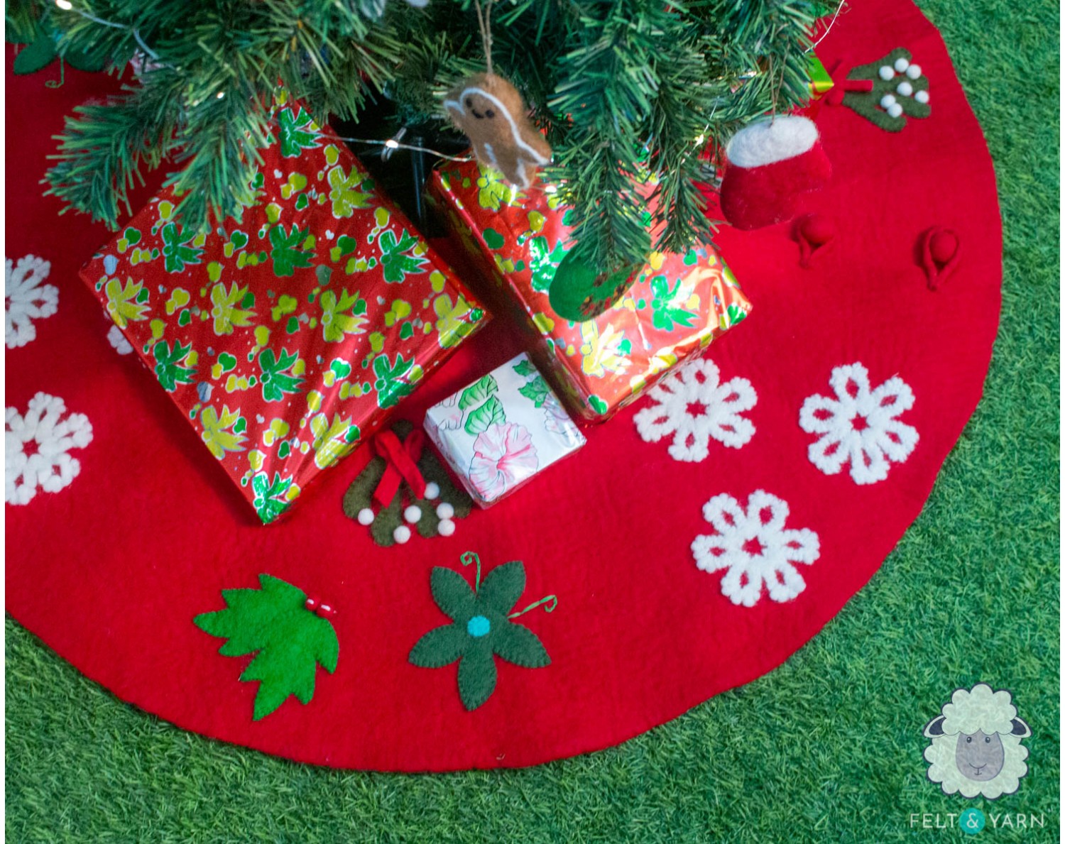 Red Tree Skirt with Christmas Designs