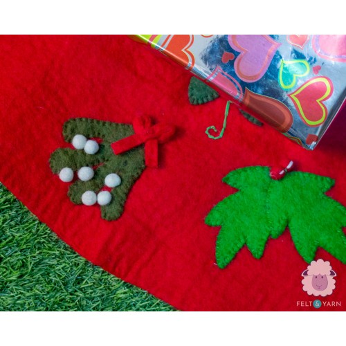Red Felt Tree Skirt with Christmas Designs