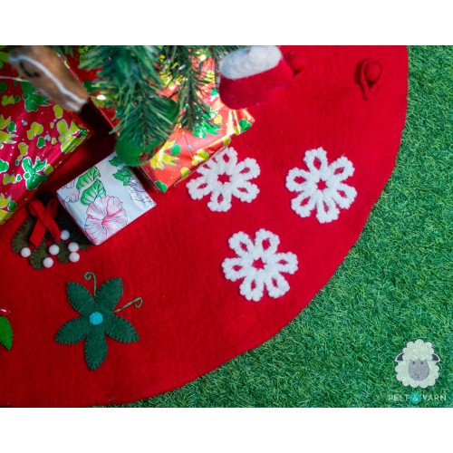 Red Felt Tree Skirt with Christmas Designs