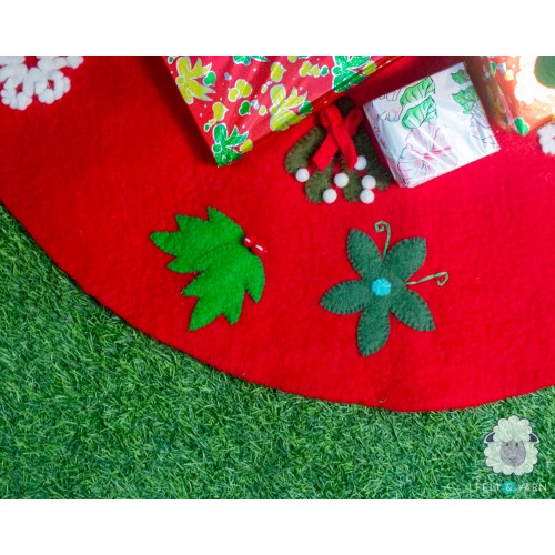Red Felt Tree Skirt with Christmas Designs