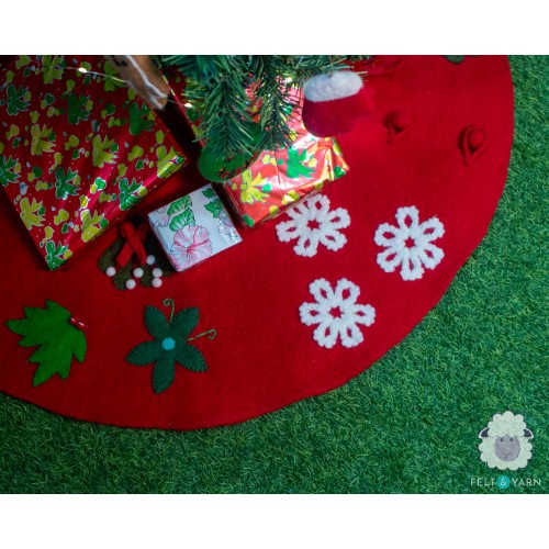 Red Felt Tree Skirt with Christmas Designs