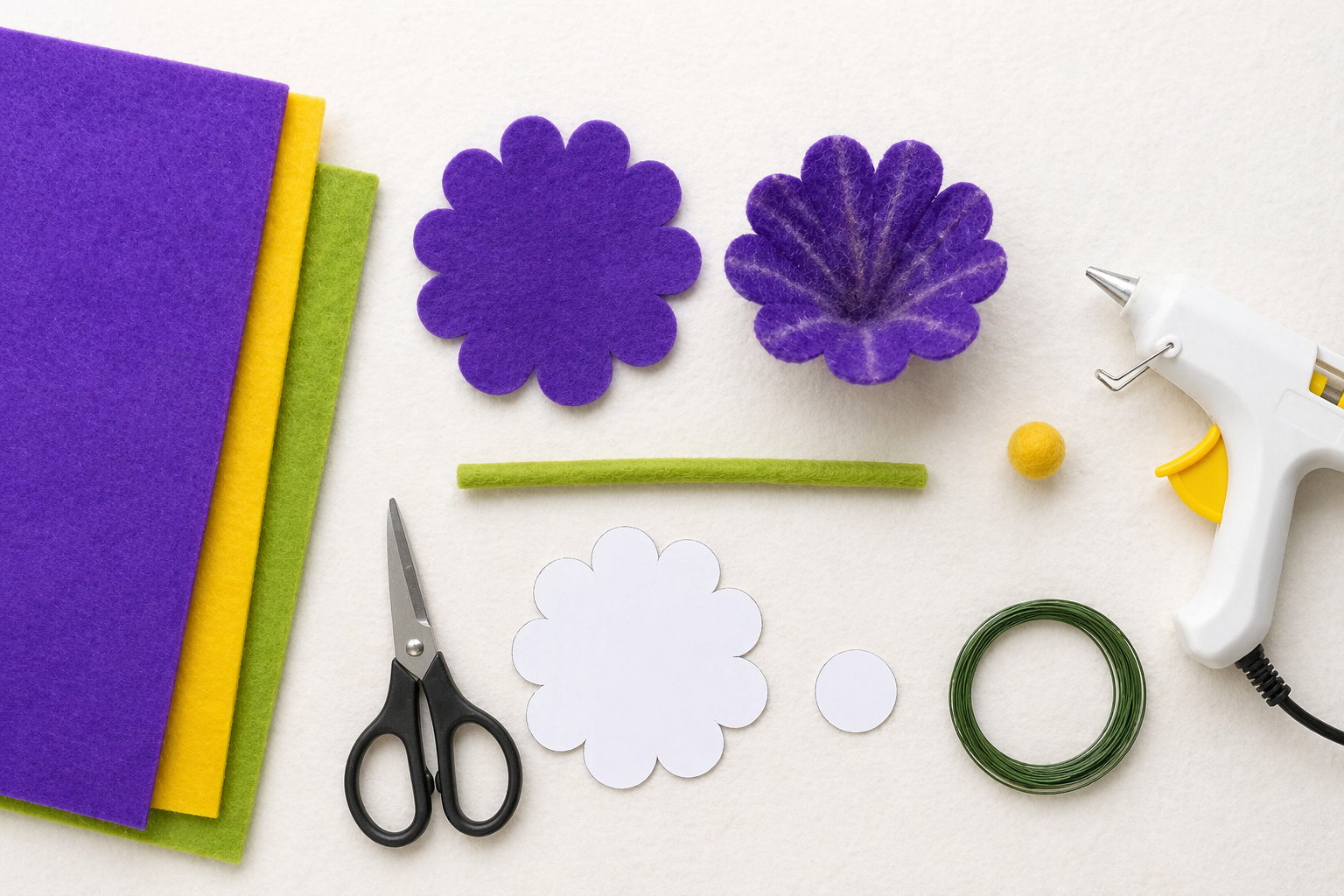 Neatly arranged beginner felt flower supplies with labeled color groupings