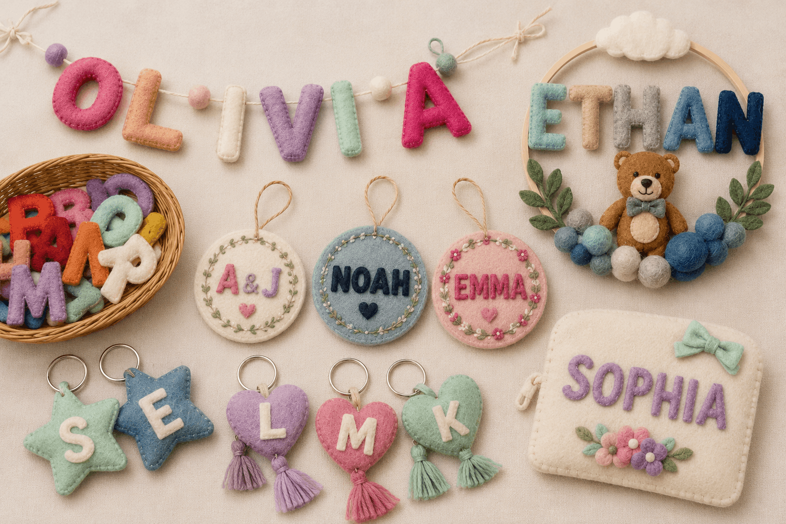 wool felt personalized alphabet garlands, wreaths, keepsakes