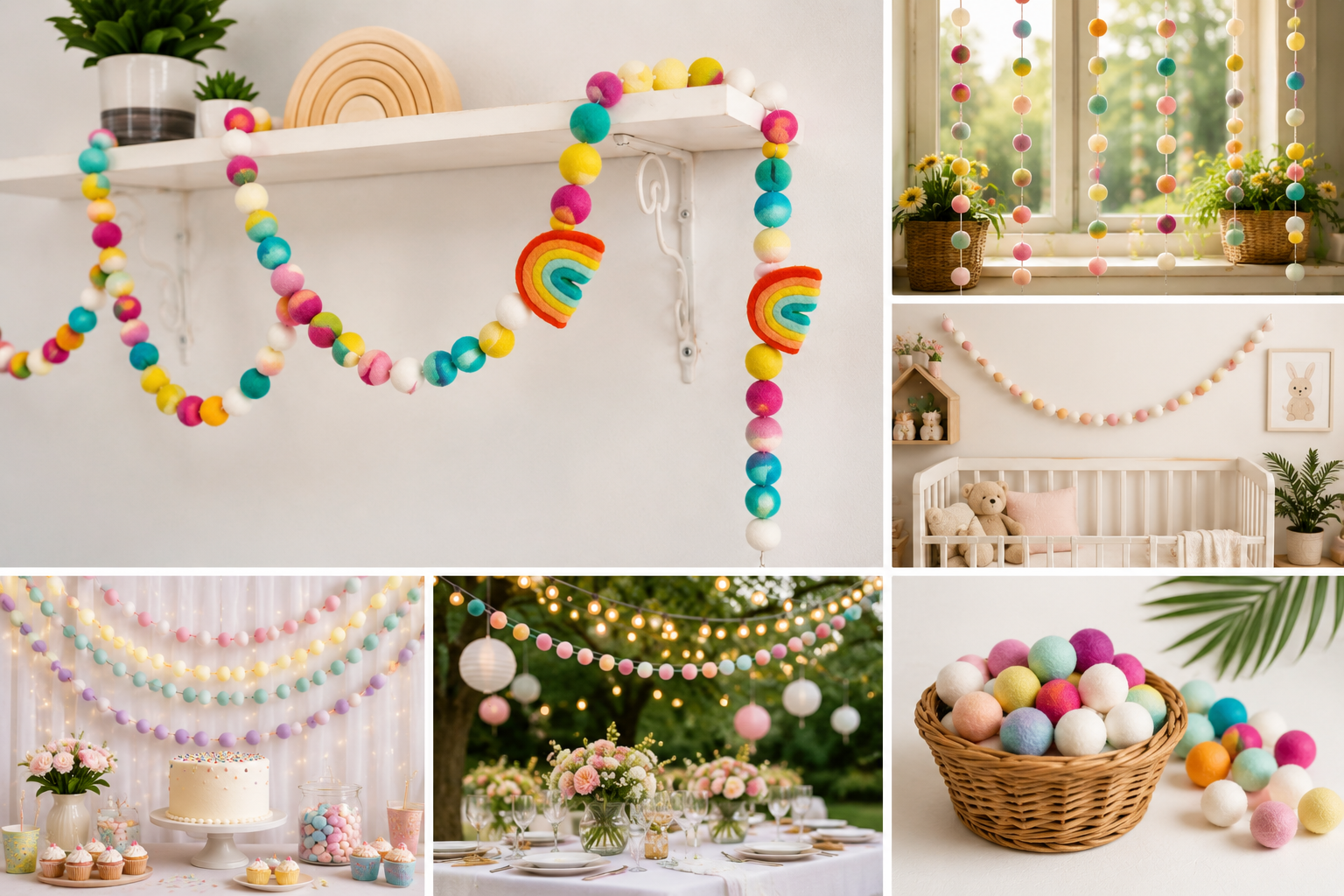 wool felt ball garlands for summer and many other decorations collage image