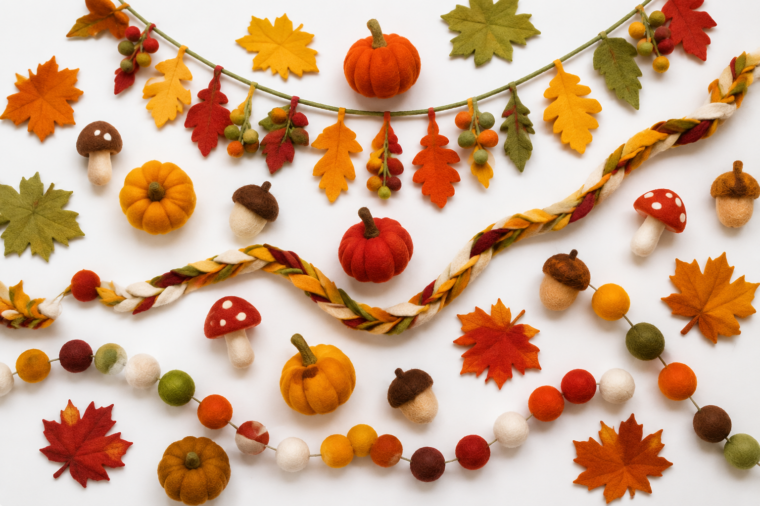 Bulk fall decor with handmade felt pumpkins leaves acorns mushrooms and autumn garland