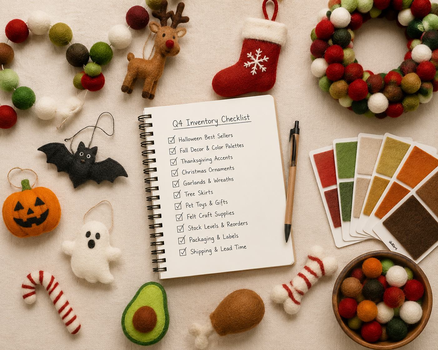 Q4 wholesale buying guide for felt products with Christmas decorations garlands ornaments and pet gifts