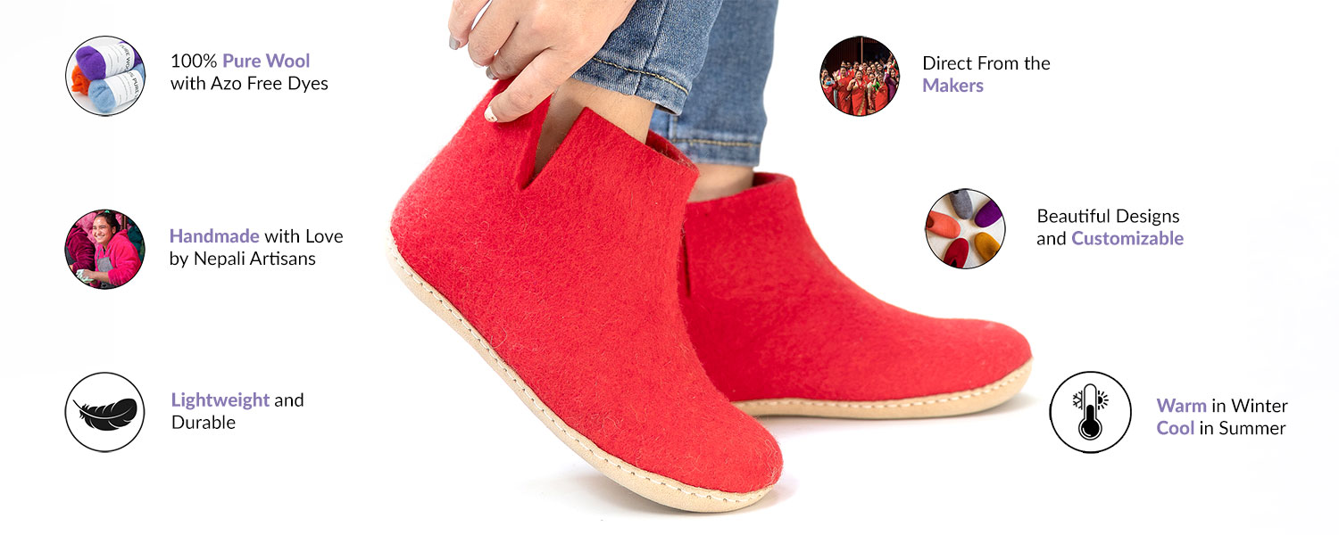 Red Felt Wool Boots with Suede Soles