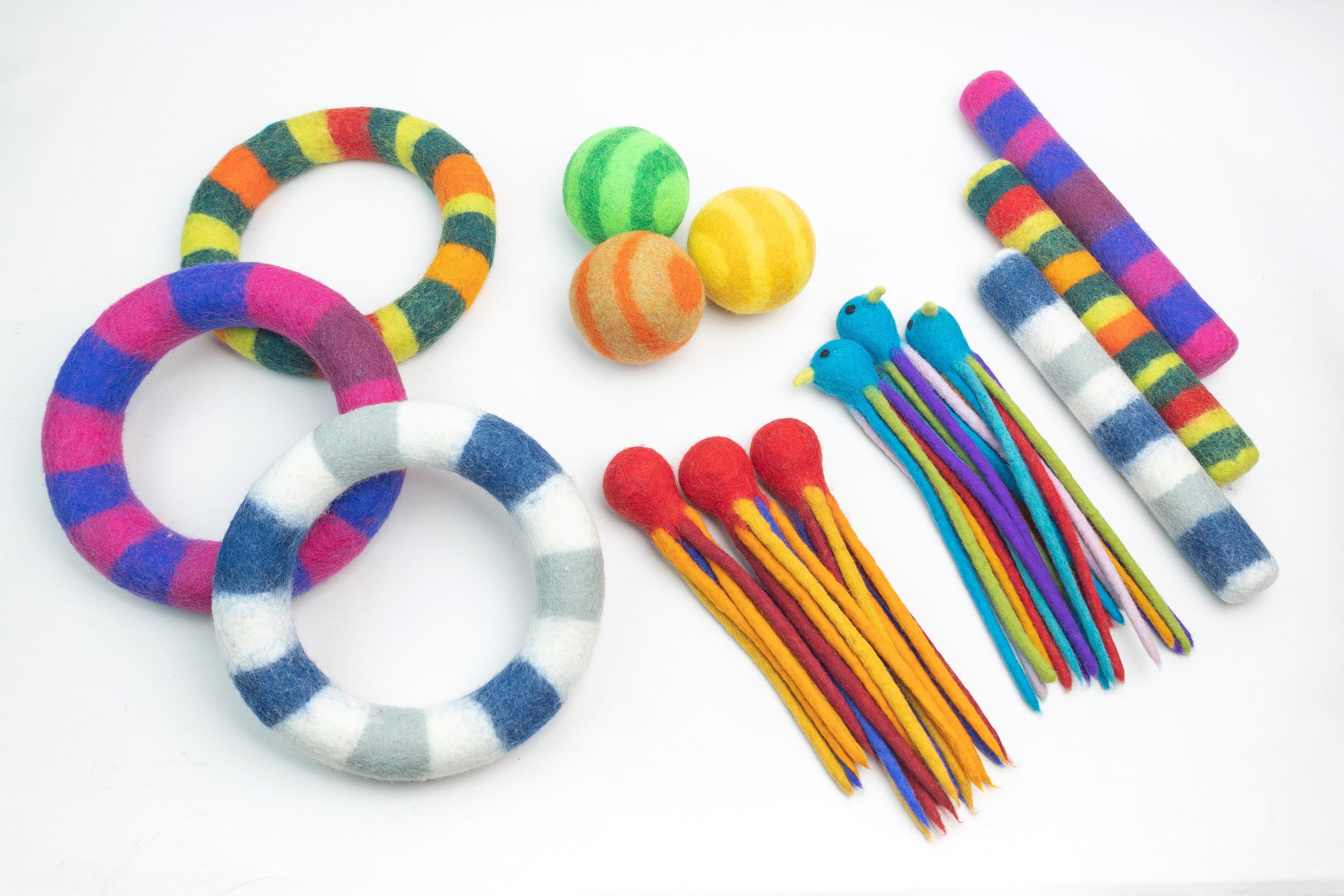 Assorted handmade felt pet toys for custom brand collections