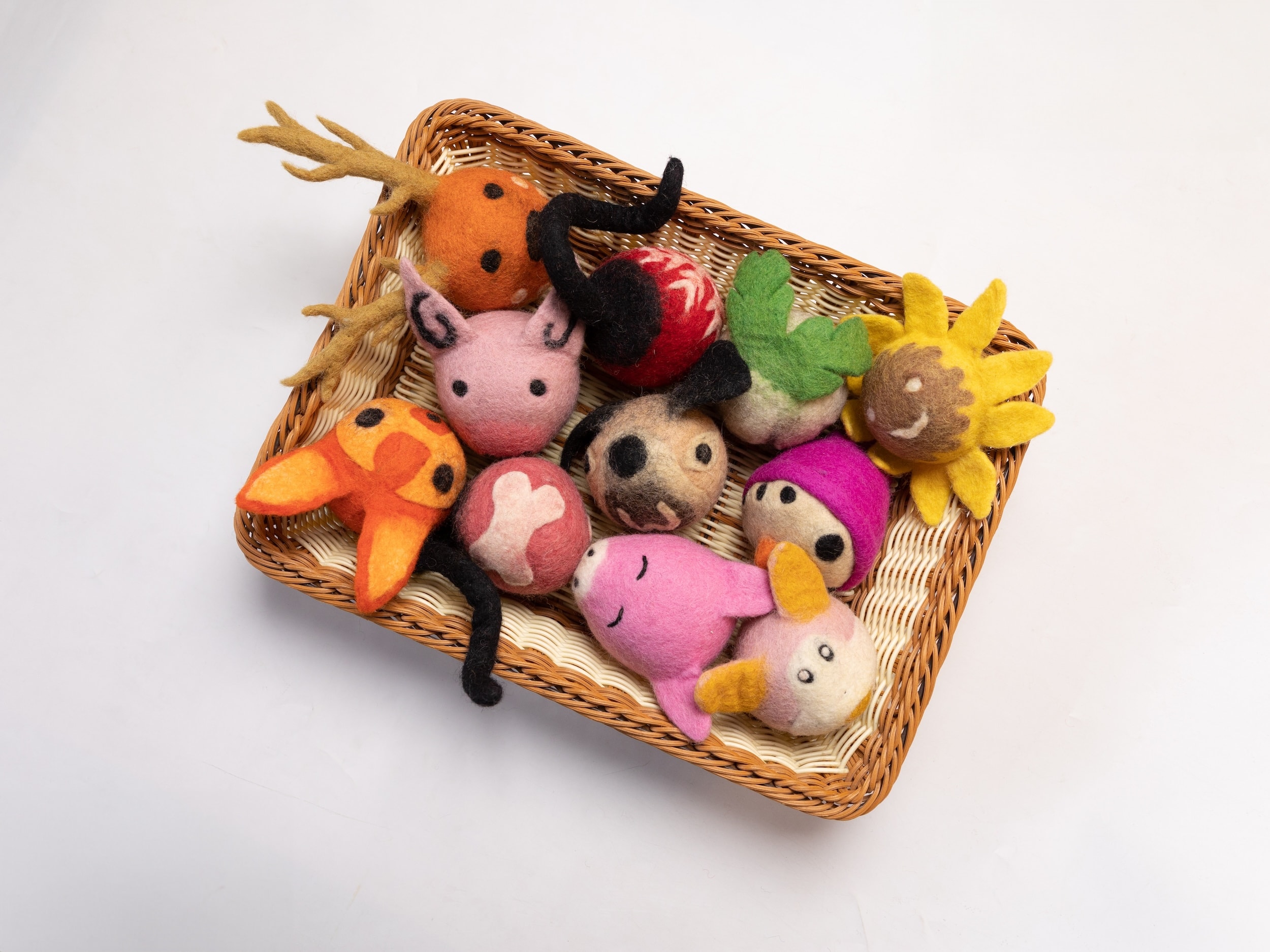 Beautiful display of handmade felt pet toys for wholesale buyers