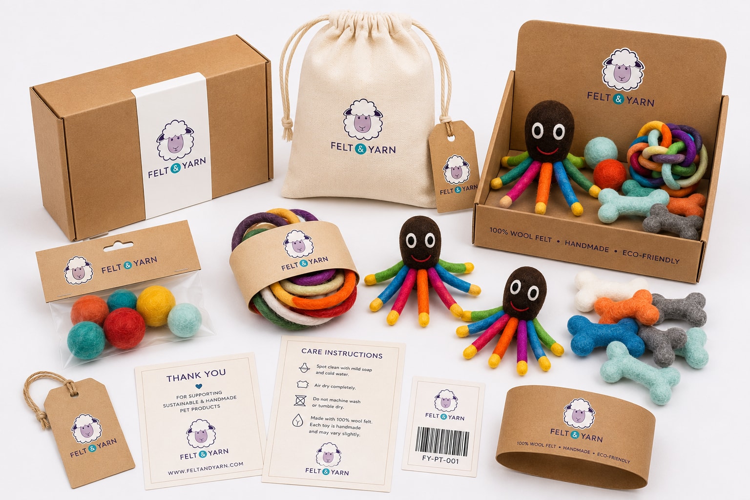 Private label and export-ready retail packaging for wholesale felt pet toys from Felt & Yarn Nepal