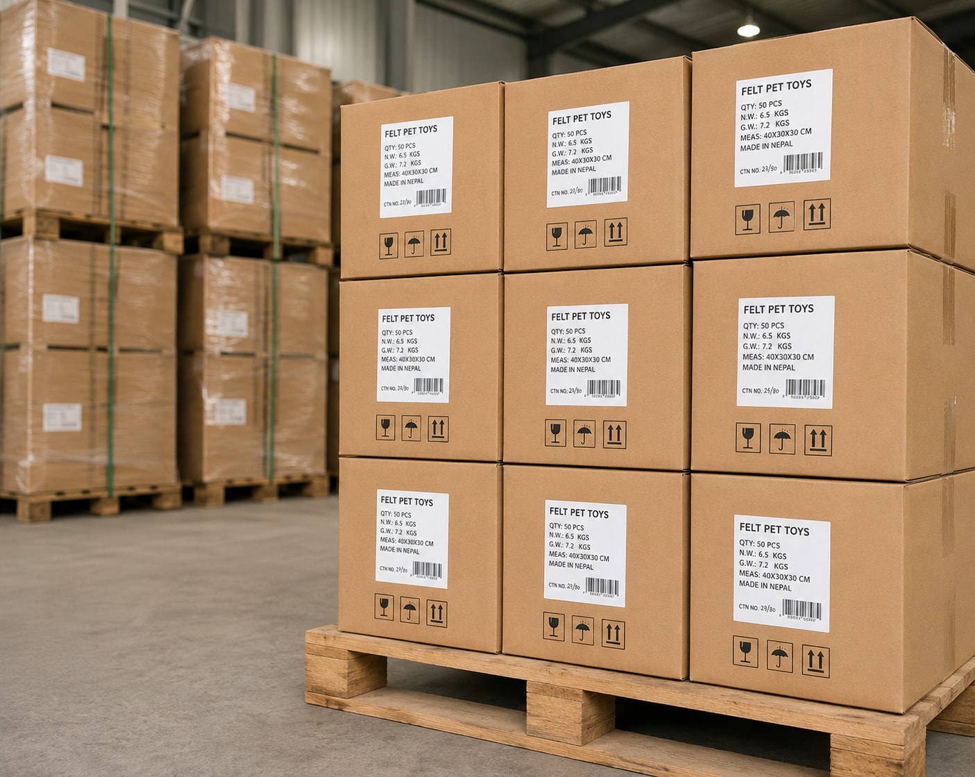 Shipping-ready wholesale felt pet toys prepared for export